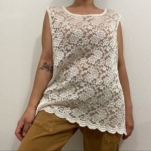 Sarah B Woman Vintage Women’s 1X Creme Lacey Crochet Floral Tank Top Sheer